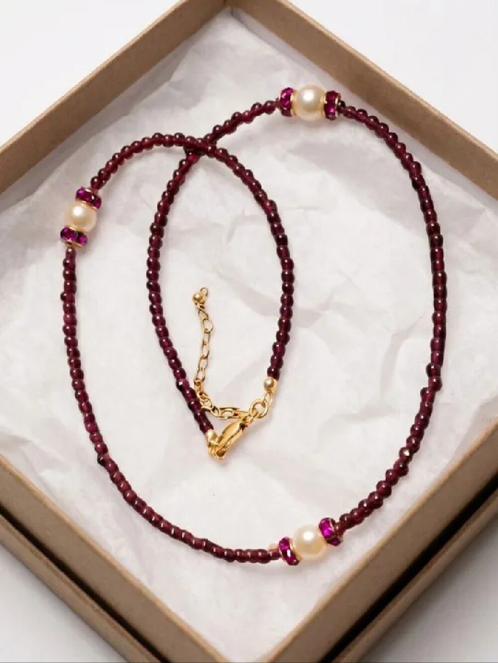 NWT 14kt GF Garnet and Pearl Necklace 18" with Matching Earrings - Picture 2 of 3